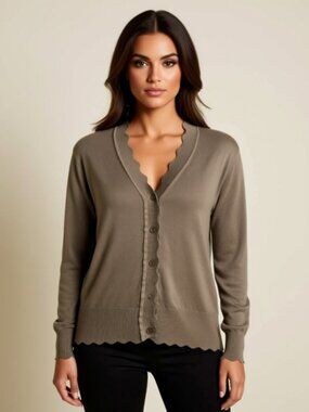 GC GRECERELLE Taupe Scalloped-Edge Button Cardigan